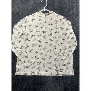 Croft & Barrow Blouse Top Womens 1X Beige‎ Cardinal Print Knit Casual Mock Neck